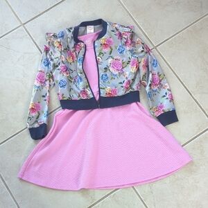 Floral Bomber Jacket and Pink  Purble Girls Size 7 Dress Set